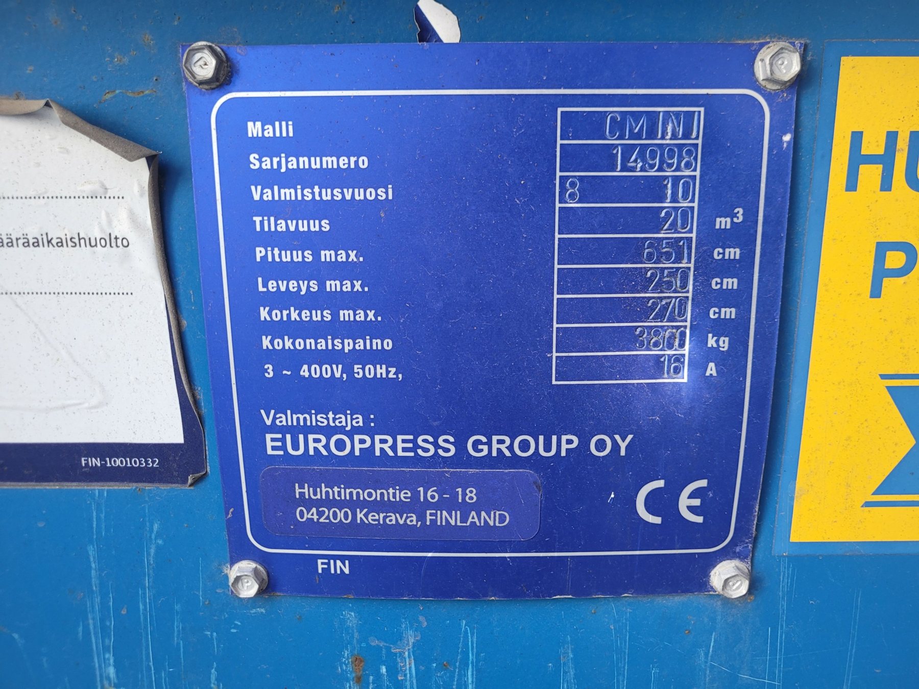 EUROPRESS 20 m³ presskonteineri tehnilised andmed